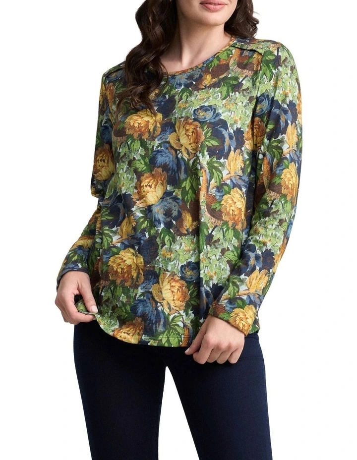 Long Sleeve Button Detail T-Shirt - Peony Print image 1