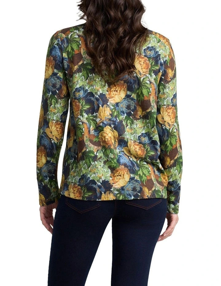 Long Sleeve Button Detail T-Shirt - Peony Print image 2