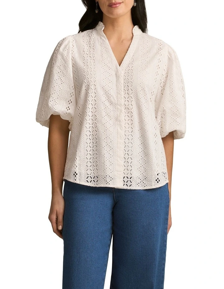 Broderie Puff Sleeve Shirt in Cream image 3