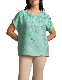 Mixed Linen Floral T-Shirt - Ocean Blue