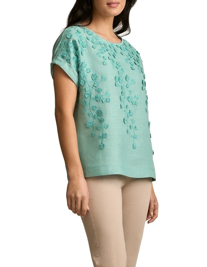 Mixed Linen Floral T-Shirt - Ocean Blue image 3