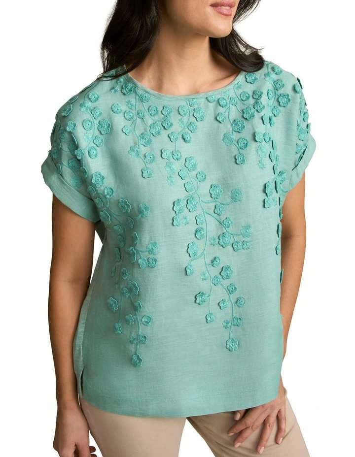 Mixed Linen Floral T-Shirt - Ocean Blue image 4