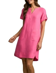 Stitch Detail Linen Dress in Sunset Pink