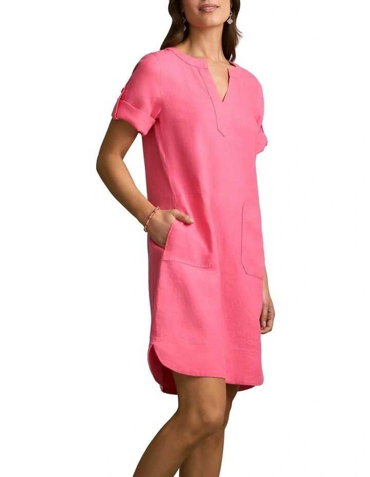 Stitch Detail Linen Dress in Sunset Pink image 3