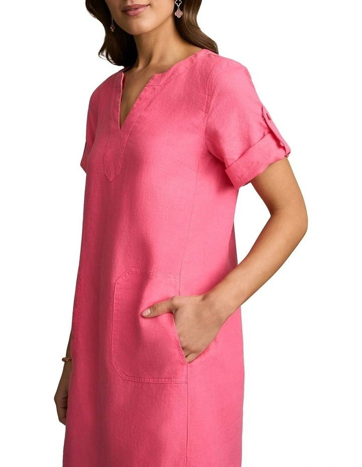 Stitch Detail Linen Dress in Sunset Pink image 4