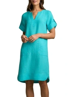 Stitch Detail Linen Dress in Aqua