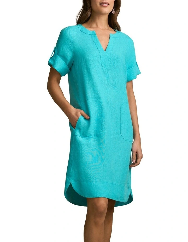 Stitch Detail Linen Dress in Aqua image 3