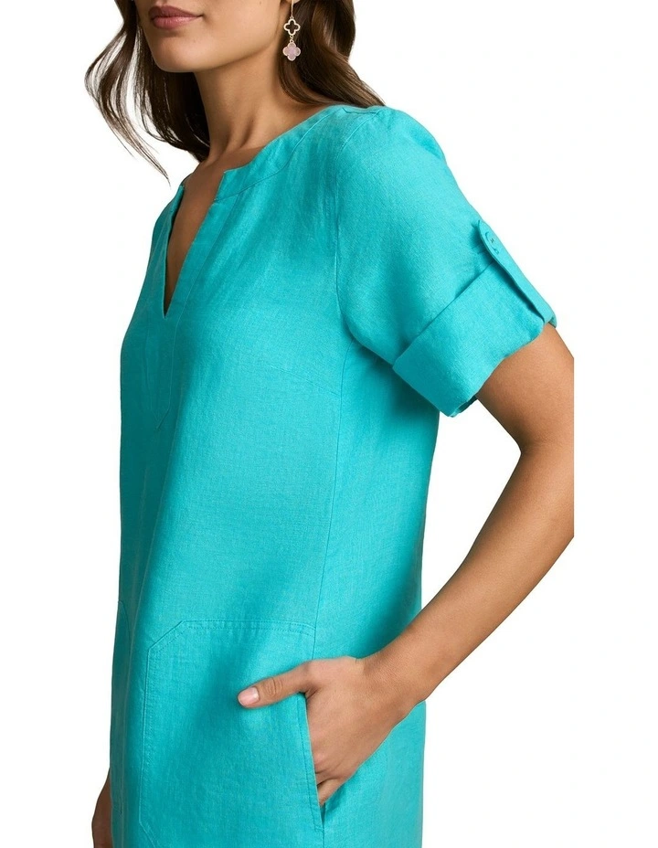 Stitch Detail Linen Dress in Aqua image 4