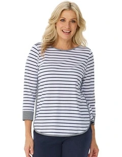 Sprint Stripe 3/4 Sleeve Curve Hem Top
