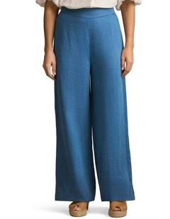 High Waist Linen Twill Pant in Mid Blue Chambray