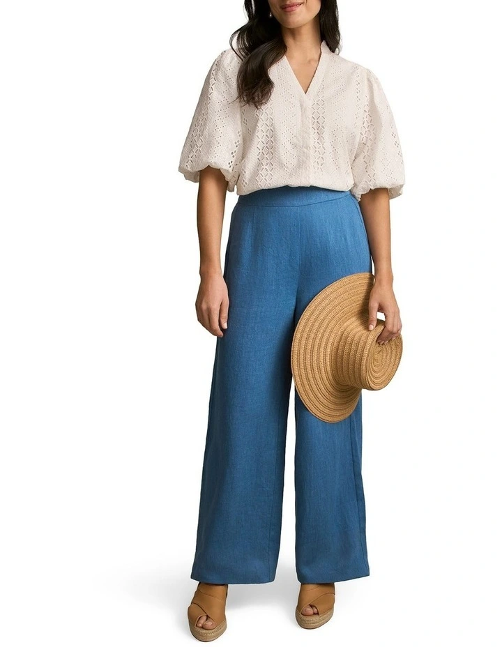 High Waist Linen Twill Pant in Mid Blue Chambray image 6