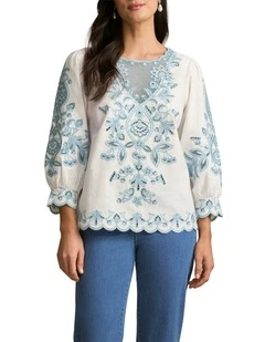 Embroidered Linen Blouse in Soft Chambray