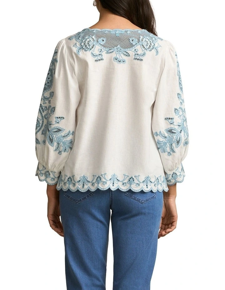 Embroidered Linen Blouse in Soft Chambray image 2