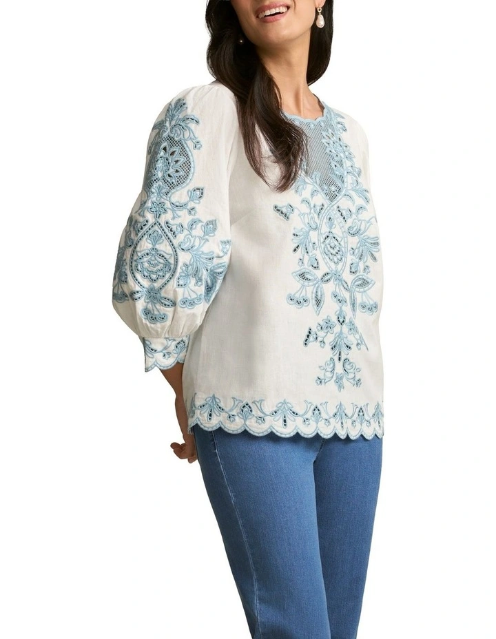 Embroidered Linen Blouse in Soft Chambray image 3