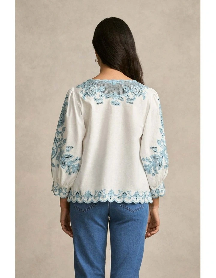 Embroidered Linen Blouse in Soft Chambray image 6