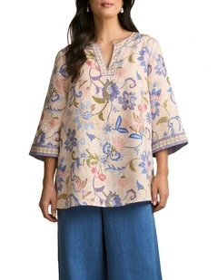 Printed Linen Tunic in Mosaic Print