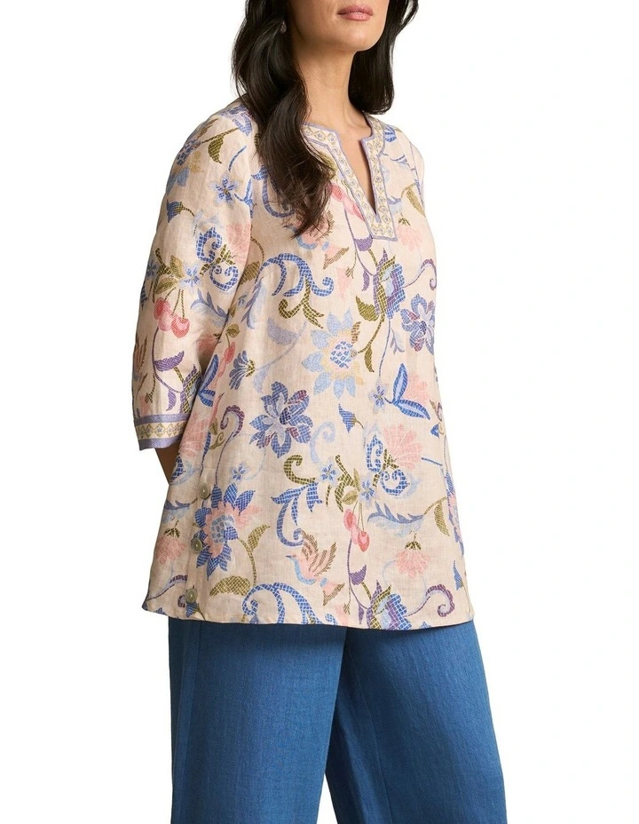 Printed Linen Tunic in Mosaic Print image 2