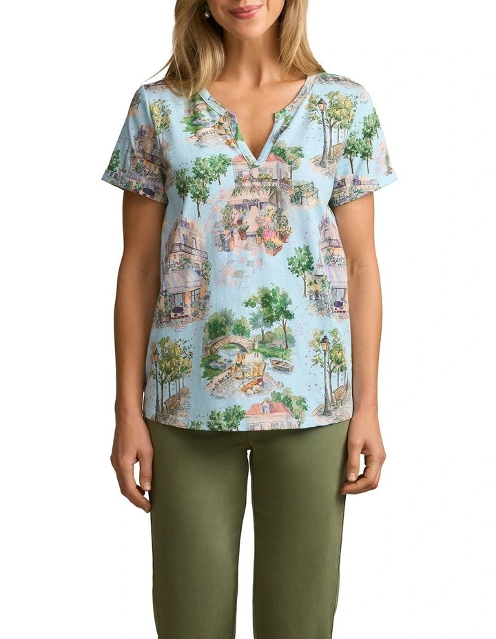 Notch Neck Cotton Tee in Paris Scene Print image 1