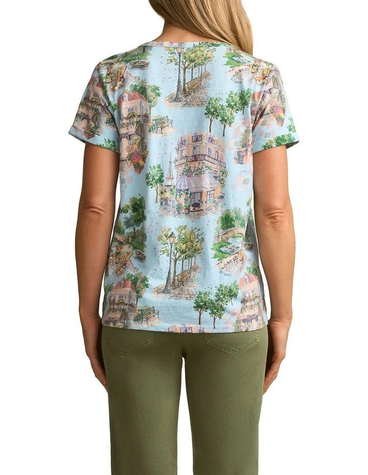 Notch Neck Cotton Tee in Paris Scene Print image 2