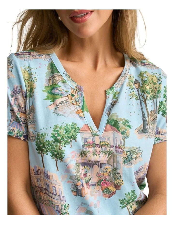 Notch Neck Cotton Tee in Paris Scene Print image 5