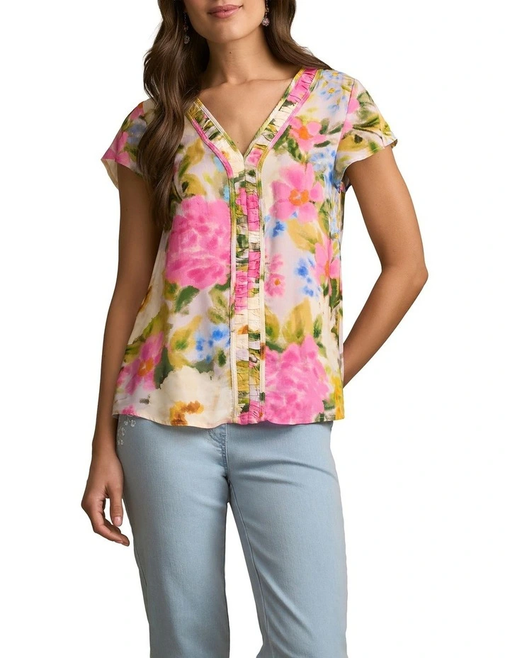 Ruched Short Sleeve Blouse in Spring Garden Print image 1