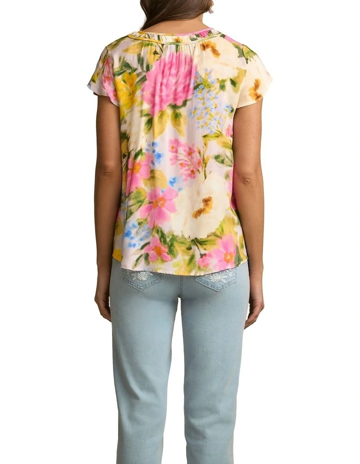 Ruched Short Sleeve Blouse in Spring Garden Print image 2