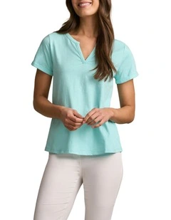 Notch Neck Cotton Tee in Aqua