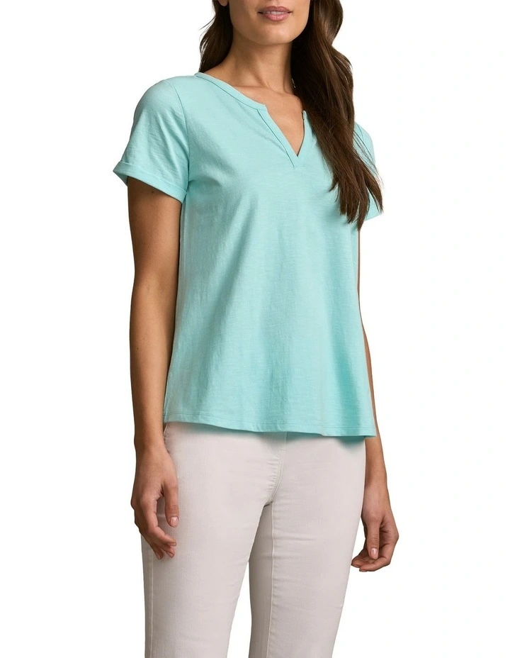 Notch Neck Cotton Tee in Aqua image 3