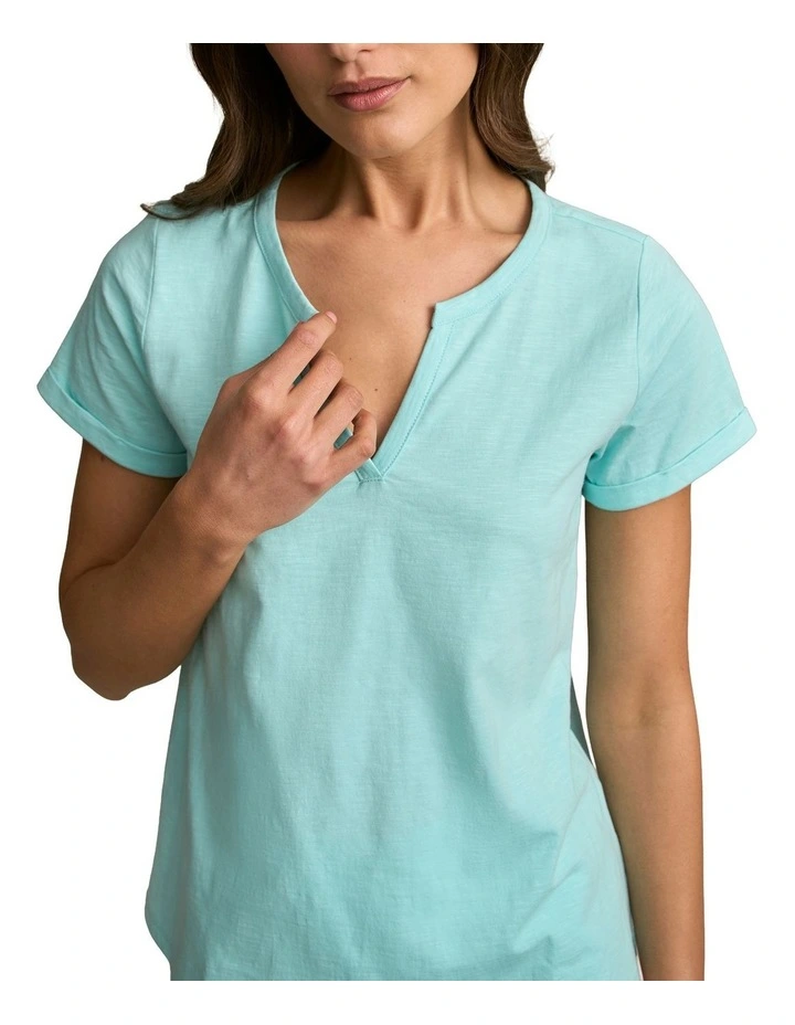 Notch Neck Cotton Tee in Aqua image 4