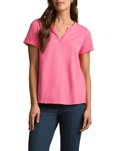 Notch Neck Cotton Tee in Hot Pink