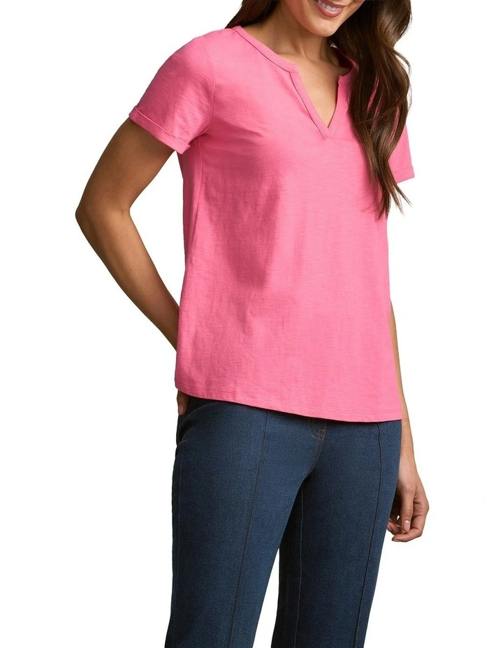 Notch Neck Cotton Tee in Hot Pink image 3