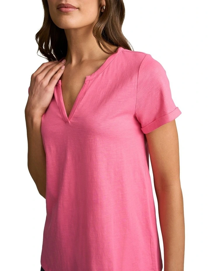 Notch Neck Cotton Tee in Hot Pink image 4