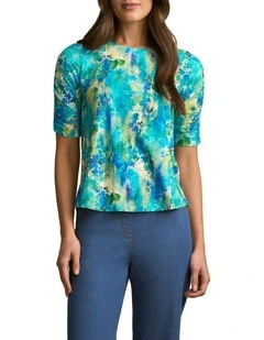 Ruched Sleeve T-Shirt in Watercolour Floral
