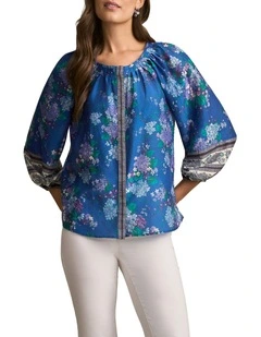 Cotton Silk Blouse in Blooms Border Print