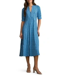 Jersey Midi Dress in Blue Tone Ikat Print