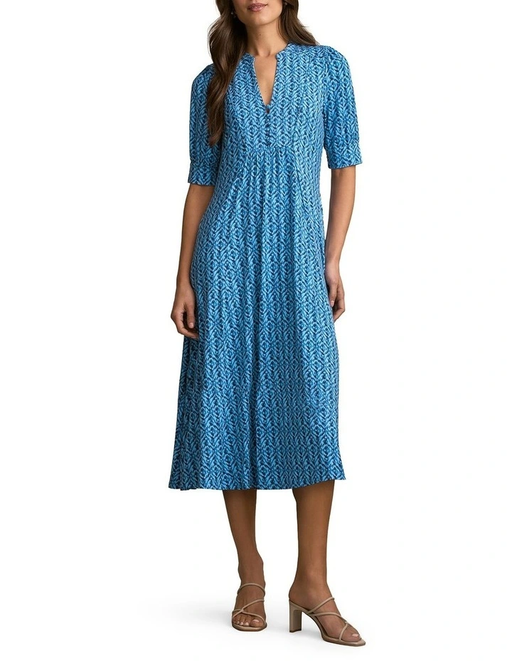 Jersey Midi Dress in Blue Tone Ikat Print image 1