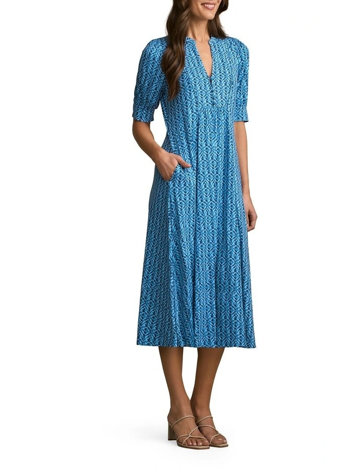 Jersey Midi Dress in Blue Tone Ikat Print image 3
