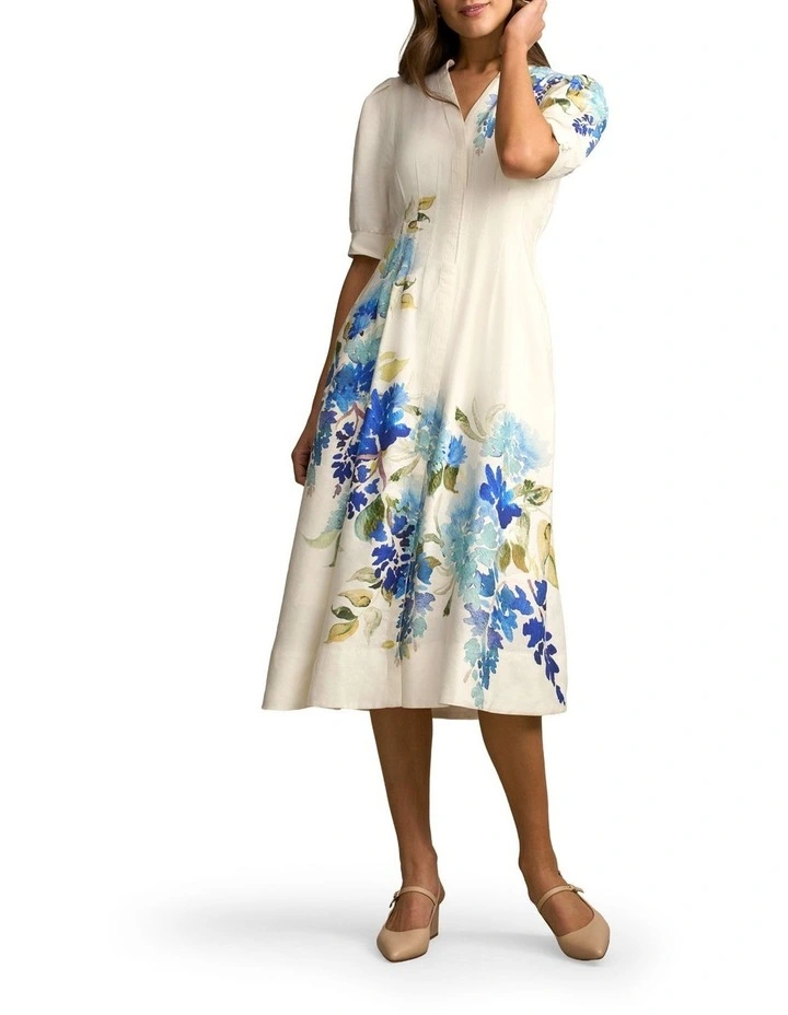 Pin Tuck Linen Dress in Watercolour Floral image 1