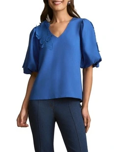 Puff Sleeve Applique Blouse in Cobalt