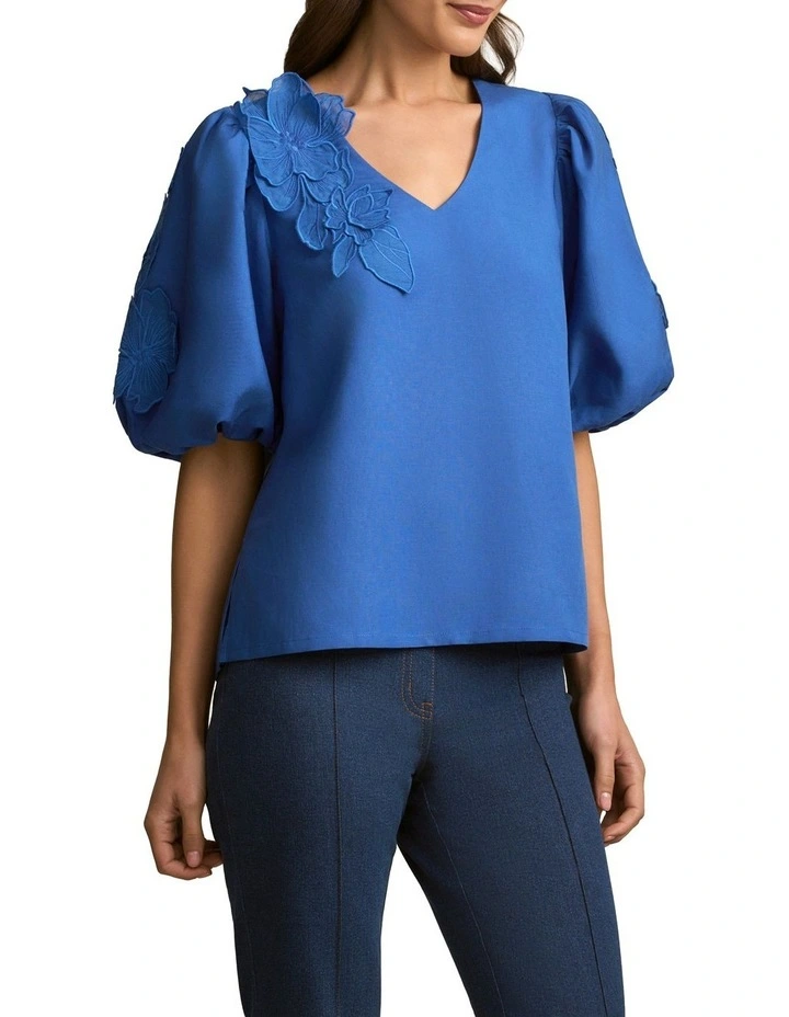 Puff Sleeve Applique Blouse in Cobalt image 3