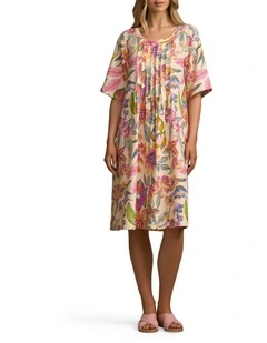 Linen Blend Pleat Front Dress in Tropical Print