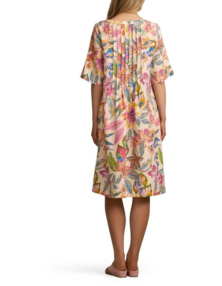 Linen Blend Pleat Front Dress in Tropical Print image 2