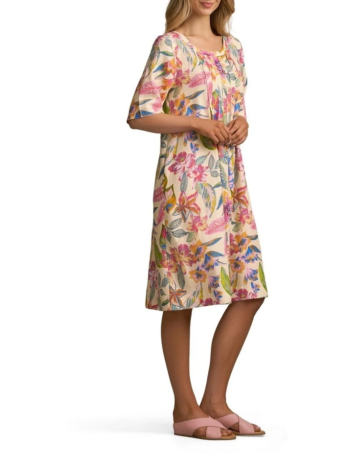 Linen Blend Pleat Front Dress in Tropical Print image 3