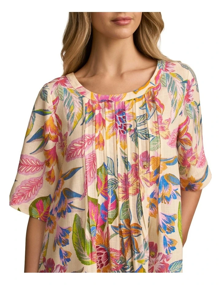 Linen Blend Pleat Front Dress in Tropical Print image 4
