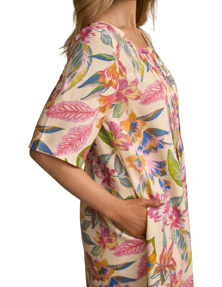 Linen Blend Pleat Front Dress in Tropical Print image 5