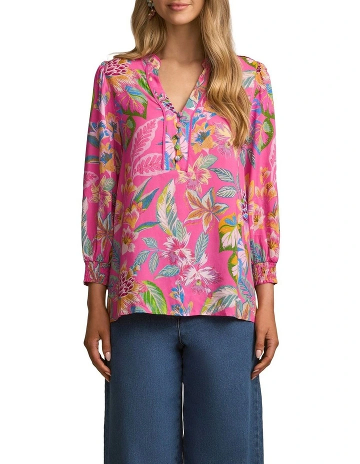 Printed Blouse in Pink Tropical Print image 1