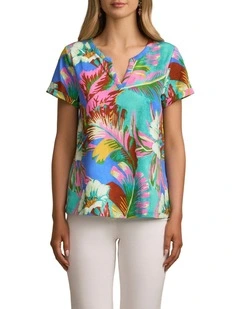 Notch Neck Cotton Tee in Tropics Print