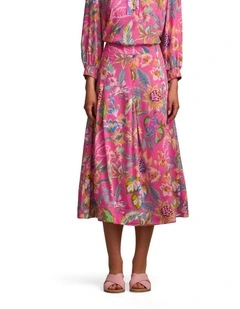 Button Detail Skirt in Pink Tropical Print