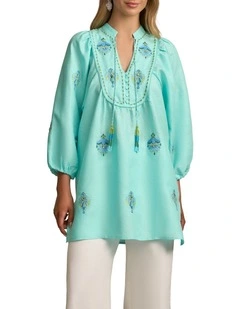 Trim Detail Linen Kaftan in Bright Teal