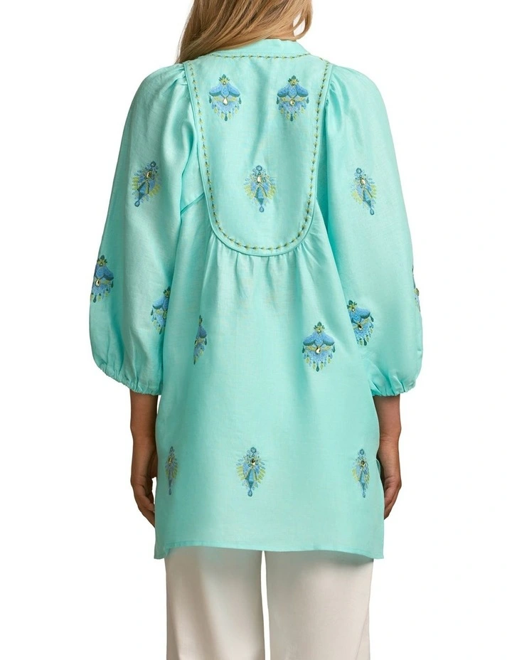 Trim Detail Linen Kaftan in Bright Teal image 2